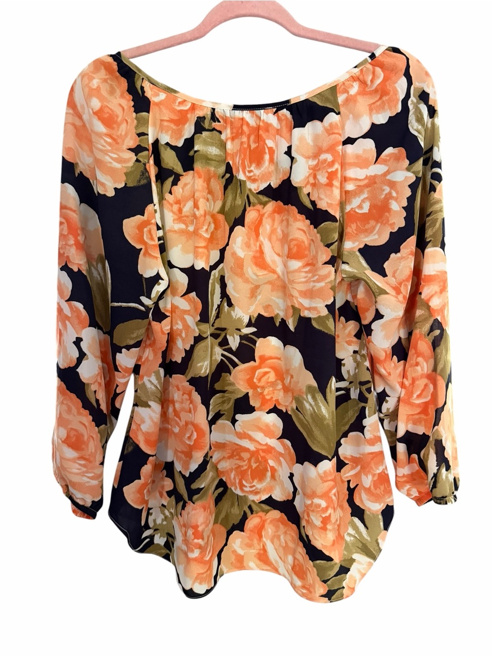 Larry Levine Woman’s Navy Floral Peasant Blouse in Peach Size Large NWOT - Picture 2 of 5